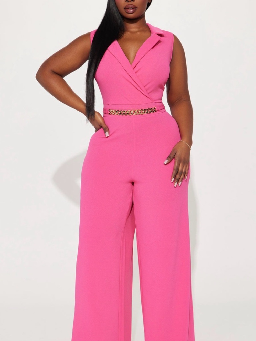 Fashion Nova Hot Pink Sleeveless Wide-Leg Jumpsuit with Chain Belt